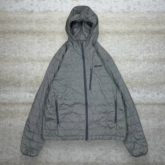 Vintage Marmot Puffer Jacket Grey Nylon Insulated Hooded Full Zip Youth XL 90s